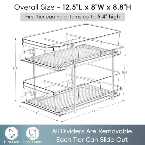 2 Set, 2 Tier Clear Organizer with Dividers for Cabinet, Shlef, Counter - MultiUse Slide-Out Storage Container - Kitchen, Pantry, Medicine Cupboard Bins, Bathroom, Vanity Makeup, Under Sink Organizing - size: 8" W - 2 Set