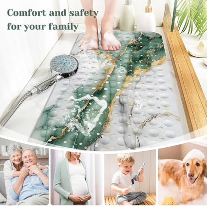 Marble Bath Tub Mat Non Slip, Green Gold Marble Non Slip Bath Mat for Shower, Large Washable Shower mats for Showers with Drain Holes and Suction Cups,40 X 16 Inch - color: Green Marble