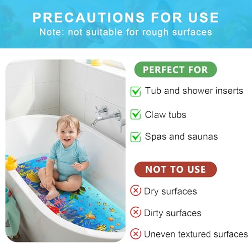 Baby Bath Mat for Tub Non Slip Kids, BPA Free Extra Long Bathtub Mat 40x16 with Drain Holes and 200 Suction Cups, Non Toxic Machine Washable Toddler Bath Mat, No Fading, Turtle - color: U-turtle 2
