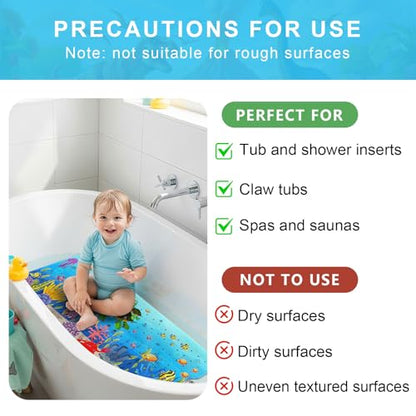 Baby Bath Mat for Tub Non Slip Kids, BPA Free Extra Long Bathtub Mat 40x16 with Drain Holes and 200 Suction Cups, Non Toxic Machine Washable Toddler Bath Mat, No Fading, Turtle - color: U-turtle 2