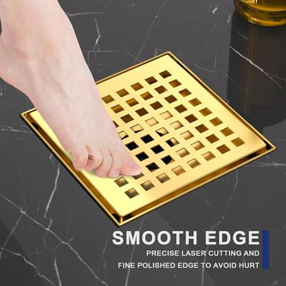 4 Inch Brushed Gold Square Shower Drain with Removable Grate | AISI 304 Stainless Steel Shower Drain, Shower Floor Drain with Hair Catcher & ABS Flange, Fits Bathroom & Balcony etc - color: Brushed Gold, size: 4 in