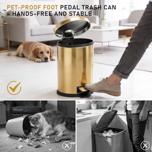 SIMPLYKLEEN Bathroom Trash Can with Lid - 4PC 1.3 Gallon/ 5L Oval Small Trash Can with Soft-Close Lid, Foot Pedal, Brushed Stainless Steel, Removable Liner, Garbage can for Kitchen, Office, Home Gold - color: Gold, size: 5L Oval 4PC