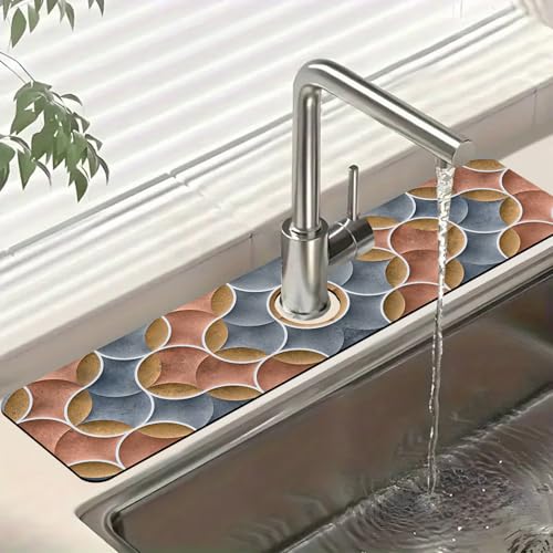 Geometric Printing Sink Splash Guard Faucet Mat Ceramic Tile Texture Super Absorbent Fast Drying Mat Sink Gadgets-Splash Guard Behind Faucet Drip Catcher for Kitchen Bathroom, 23.5"x5.5" - size: 23.5" x 5.5"