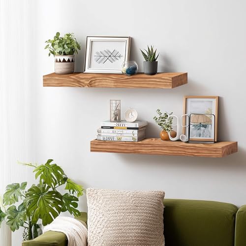 Solid Wood Floating Shelves, 24 Inch Wall Shelves, Set of 2, Oak | 8 Inch Deep, 1.6 Inch Thick, Extra-Wide Display Space, Mounting Hardware Included, For Kitchen, Bathroom and Living Room - color: Oak, size: 24x8x1.6