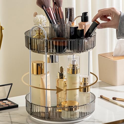 Aveniee 360° Rotating Makeup Organizer for Vanity, Upagraded Perfume Skincare Bathroom Counter Organizers with Brush Divider, Two Tier Spinning Lipstick Cosmetic Lotion Storage,Grey - color: Suya Grey, size: New-2 Tier