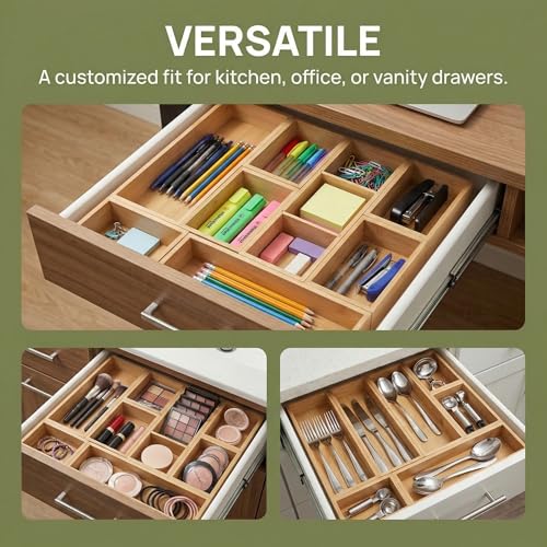 Bamboo Drawer Organizer,Fits Kitchens,Bathrooms,Desk,Utensil,Makeup,Removable Dividers (Natural, M) - size: M