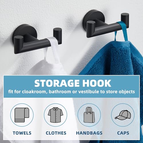 Matte Black Double Towel Hooks for Bathrooms, 2 Pack, Wall Mounted | Rustproof 304 Stainless Steel, Heavy-duty 11lbs Robe Hooks for Towels, Coats, Bags, Shower, Kitchen, Entryway Storage Hook - color: Matte Black