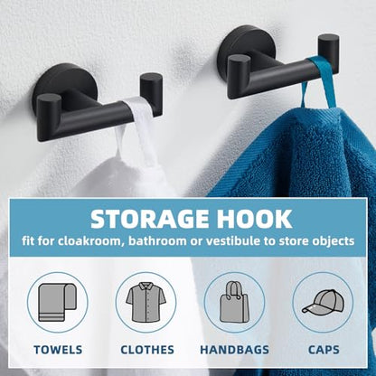 Matte Black Double Towel Hooks for Bathrooms, 2 Pack, Wall Mounted | Rustproof 304 Stainless Steel, Heavy-duty 11lbs Robe Hooks for Towels, Coats, Bags, Shower, Kitchen, Entryway Storage Hook - color: Matte Black
