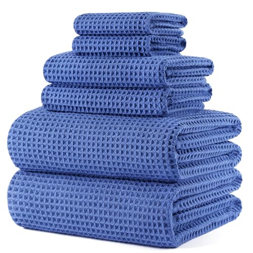 POLYTE 430 GSM Poly Blend Microfiber Quick Dry Waffle Bath Towel Set of 6 | 2-Body Towels, 2-Hand Towels, 2-Wash cloths, Oversize, Lint Free - color: Royal Blue