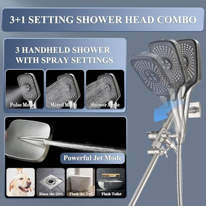 Rain Shower Head with Handheld Spray Combo, 12 Inch Rainfall Shower Heads with Adjustable Extention Arm, High Pressure Showerhead with 3-Way Diverter - Height/Angle Adjustable(Brushed Nickel) - color: Brushed Nickel, size: 12 Inch