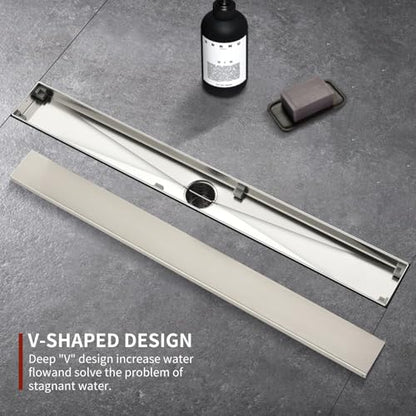 Linear Shower Drain ，12 Inch Brushed 304 Stainless Steel Rectangle Shower Floor Drain，with Reversable Tile-inPattern Drain Cover & Hair Catcher, Adjustable Feet - color: Brushed Nickel, size: 12inch