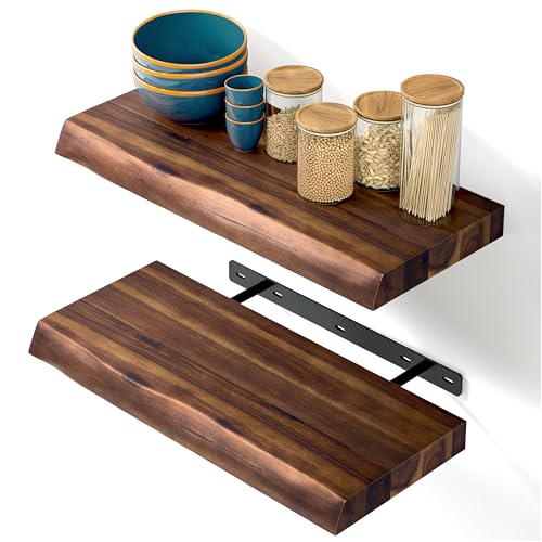 BATODA 17” Acacia Live Edge Floating Shelves, Wooden Floating Shelves for Wall - Floating Book Shelves, Book Shelf for Bathroom, Kitchen - Wall Mounted Shelf for House Decor (Walnut Color) | Acacia Wood, Live Edge Design, Hidden Brackets, 100lb Capacity,