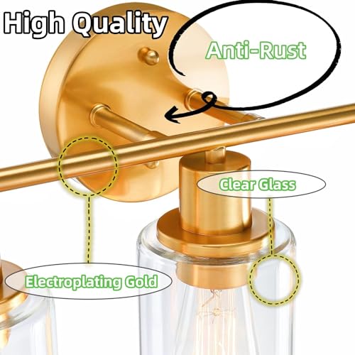 WISBEAM 3-Light Bathroom Vanity Light Over Mirror, Gold Bathroom Wall Sconce with Clear Glass Shade Including E26 Medium Base, Bulb NOT Included - color: Gold, size: VNT004
