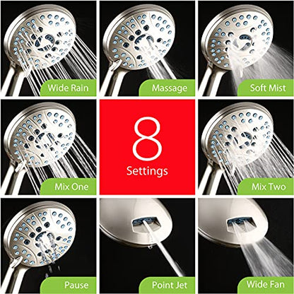 AquaCare 50-mode High Pressure Shower Head Combo with Arm & Dual Power Wash | Hygienic Jets, 2-mode Handheld Power Wash for Tub, Tile & Pets, Long 6 ft. Stainless Steel Hose, Extra Wall Bracket / Nickel - color: Satin Nickel, style: 2.5 Gallons Per Minute