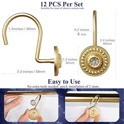 Gold Rhinestone Shower Curtain Hooks, 12 Pack Rustproof Metal Rings | Zinc alloy & acrylic rhinestone design; 4 mm thick wire holds up to 50 lb; anti-rust coating for wet bathroom - color: Gold