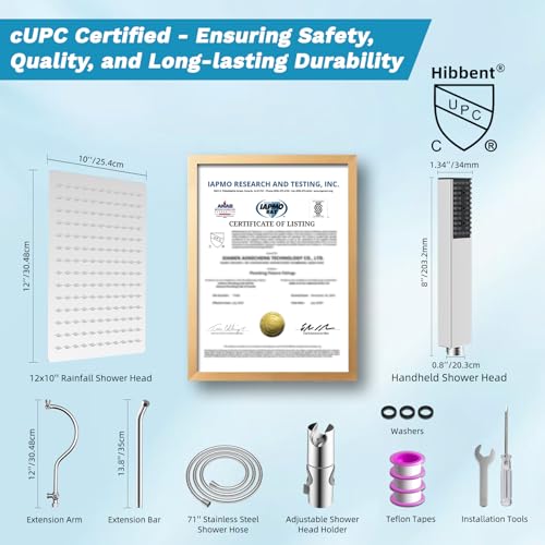 Hibbent 12'' Rainfall Shower Head with 4-mode Handheld Shower Spray, Chrome | cUPC Certified High Pressure Showerhead Combo, 12'' Adjustable Extension Arm, Extension Bar, Easy Reach Holder, 71'' Hose - color: Chrome, style: Square 12''