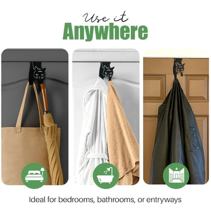 Evelots Cat Over The Door Hooks for Hanging-Set of 2 Black-Over The Door Organizer-Strong Metal Hooks - size: 2 Pack, style: Scratching Cat Design