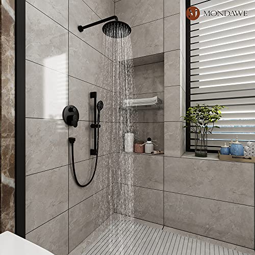 MONDAWE 9 Inch Wall Mounted Shower Faucet Set in Oil Rubbed Bronze, Rainfall Shower Head with 3-Setting Handheld Spray Shower Set Combo, High Pressure Shower System with Solid Brass Valve - color: Oil Rubbed Bronze, style: 9 IN - Without Tub Spout