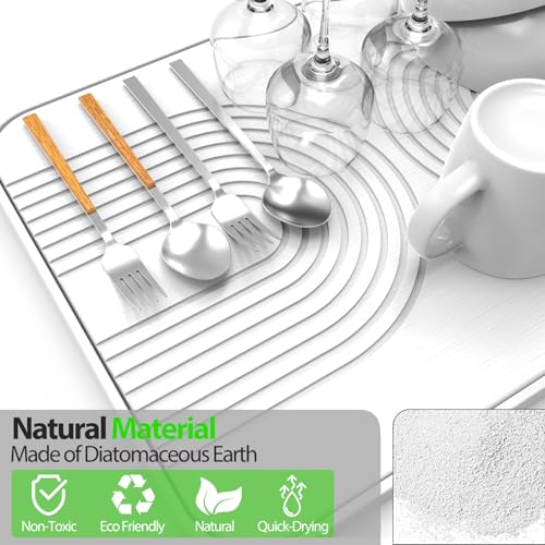 2 PCS Stone Dish Drying Mat ＆ Silicone Mat for Kitchen Counter – Diatomaceous Earth Bath Mat for Bathroom, 16.14"L×12.4"W×2 Quick Dry Mats for Dishes ,Bottles, Cups, Match Any Countertop(White) - color: White