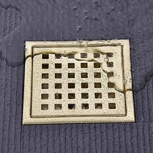 4 inch Square Shower Drain with Removable Cover Grid Grate,SUS 304 Stainless Steel Tile in Floor Drain,Brushed Gold - color: Brushed Gold (Without Drain Base/Adapter)