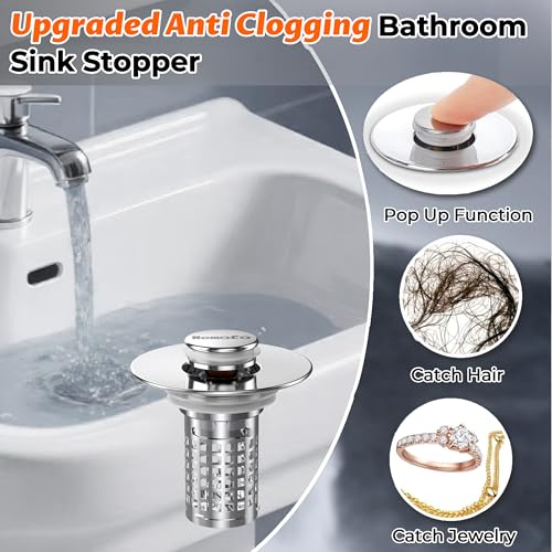 Bathroom Sink Drain Strainer, Stainless Steel Pop-up Strainer Basket Hair Catcher with Removable Basket, Brass Bullet Core, Universal Fit 1.1-2.36 Inch (1PCS)
