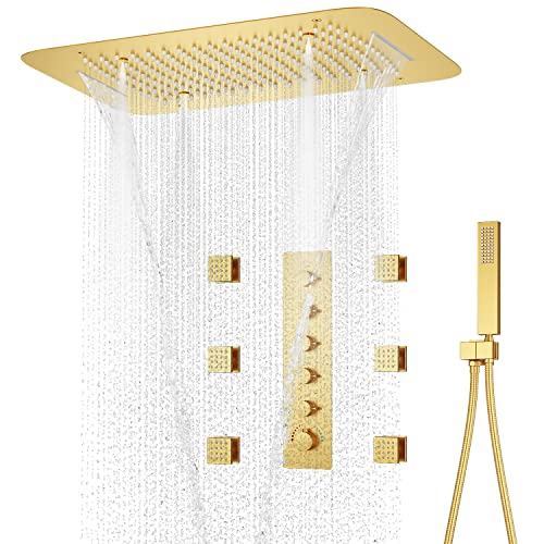 Brushed Gold Shower System with 16 X 24inch Large Triple Function Rain Waterfall Mist Shower Head, Ceiling Shower Faucet Fixtures Set with Thermostatic Shower Valve and 6PCS Shower Body Jets - color: Brushed Gold
