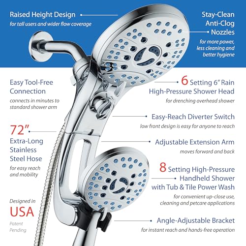 AquaCare 50-mode High Pressure Shower Head Combo with Arm & Dual Power Wash | Hygienic Jets, 2-mode Handheld Power Wash for Tub, Tile & Pets, Long 6 ft. Stainless Steel Hose, Extra Wall Bracket / Chrome - color: All-Chrome, style: 1.8 Gallons Per Minute