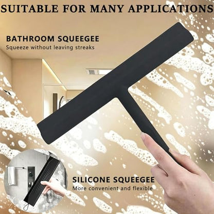 2PACK Shower Squeegee for Glass Doors All-One-Piece Silicone with Hook | Design for Easy Hanging & Cleaning for Bathroom, Window, Kitchen, Mirror, Tile Wall, Car, Streak-Free No-Squeak Tool, Black