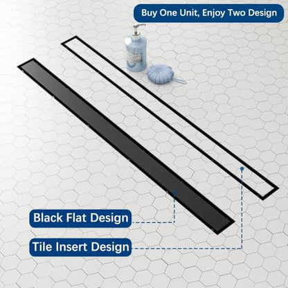 Neodrain 36" Matte Black Linear Shower Drain,2-in-1 Flat& Tile Insert Cover | 304 Stainless Steel,Fast Drainage, Durable,Rectangle Shower Floor Drain with Adjustable Feet,Hair Strainer,Fits Bathrooms - color: Matte Black, size: 36 In