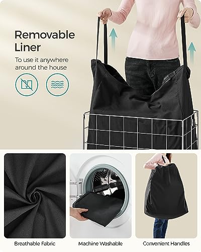 SONGMICS 29 Gal. (110L) Laundry Basket, Laundry Hamper, Collapsible Clothes Hamper, Removable and Washable Liner, Metal Wire Frame, for Bedroom Bathroom, Silver and Classic Black ULCB111B01 - color: Silver + Classic Black, size: 110 L