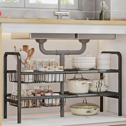 Under Sink Organizer and Storage 2 Tier Expandable Shelves Kitchen Cabinet Crganizers with 4 Baskets and 4 Panels for Bathroom Counter shelf Pantry