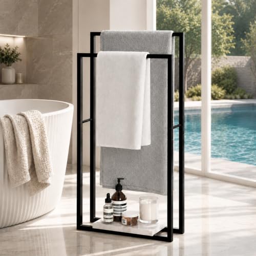 KES Standing Towel Rack, Heavy Marble Base, 2-Tier Floor Stand, Matte Black | 7.39 Lb Marble Base, Prevents Tipping, 34.3" & 38.2" H Fit Bath Sheets, Shelf Storage for Towels and Toiletries