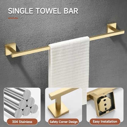 TQKAG Brushed Gold Bathroom Hardware Accessories Set 10 Pieces, 23.6" SUS304 Stainless Steel Towel Bar Set Wall Mounted Includes Single Towel Bar, Towel Ring, Toilet Paper Holder, Double Towel Hooks - color: Brushed Gold, size: 10-Pieces Set