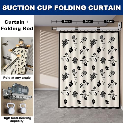 Wall Mounted Folding Shower Curtain, Adjustable Linen Shower Curtain with Suction Cup, Extendable Shower Curtain Rod for Bathroom Bathtub and Clothing Store(2-Folds) - size: 2-Folds