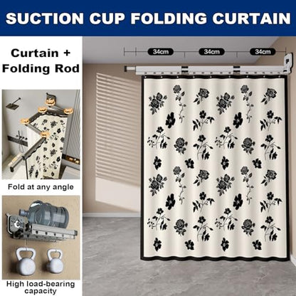 Wall Mounted Folding Shower Curtain, Adjustable Linen Shower Curtain with Suction Cup, Extendable Shower Curtain Rod for Bathroom Bathtub and Clothing Store(2-Folds) - size: 2-Folds