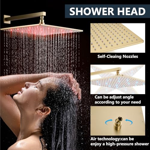 Aolemi Shower Faucet Set with Valve Handheld 16" LED Head Brushed Gold | Handheld Spray,16 Inch Rain LED Head,Valve and Trim Kit,All Metal,Wall Mount Shower System,Bathroom Mixer - color: Gold, size: 16 Inch LED Shower Head