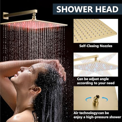 Aolemi Shower Faucet Set with Valve Handheld 16" LED Head Brushed Gold | Handheld Spray,16 Inch Rain LED Head,Valve and Trim Kit,All Metal,Wall Mount Shower System,Bathroom Mixer - color: Gold, size: 16 Inch LED Shower Head