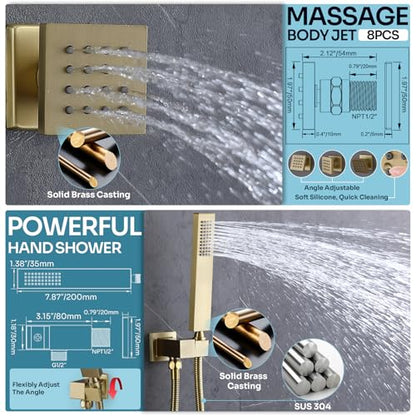 HOMEDEC Dual Shower System for Two, LED 14x20" & 6" Shower Heads, 4-Way Diverter Valves, Shower Faucet Set with Body Jets & Handheld, Brushed Gold - color: Brushed Gold