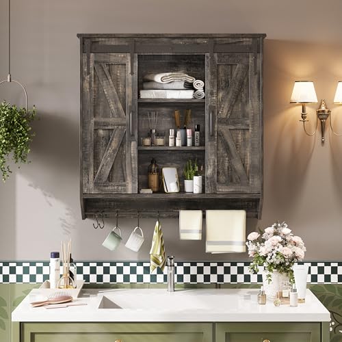 Trironsun Farmhouse Medicine Cabinet 2 Sliding Barn Doors 3 Tier Rustic Wood Wall Storage Cabinet Adjustable Shelf Towel Bar Wall Mounted Bathroom Wall Cabinet - color: Dark Rustic Oak