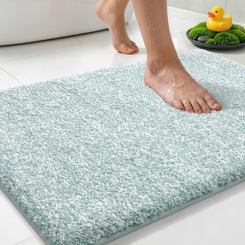 Yimobra Cushioned Anti-Fatigue Bathroom Rug, Bath Mat Non Slip Washable, Dense Soft Microfiber for Bathroom Sink, Shower, Tired Feet Comfort, Absorbent, 24" X 17", Light Blue and White - color: Light Blue and White, size: 24" X 17"