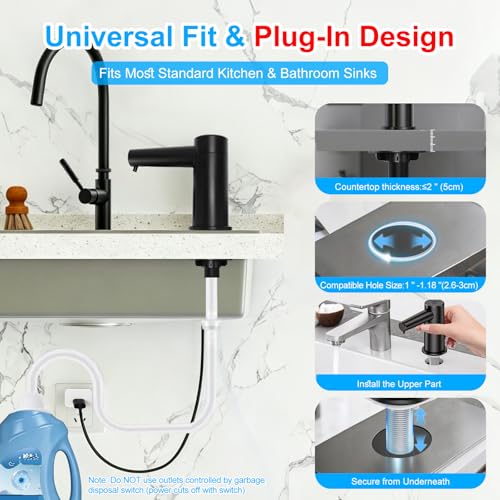 Automatic Touchless Dish Soap Dispenser for Kitchen Sink, Two Adjustable Dispensing Sink Soap Pumps, 38" Tube, Leak-Proof Plug-in, Built-in Fit for Bathroom Commercial (Black)