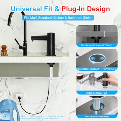 Automatic Touchless Dish Soap Dispenser for Kitchen Sink, Two Adjustable Dispensing Sink Soap Pumps, 38" Tube, Leak-Proof Plug-in, Built-in Fit for Bathroom Commercial (Black)