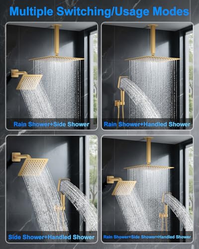 Shower System with Pressure Balance Valve, 12" Ceiling Mount Shower Faucet Set with 2 Rain Shower Head And Multi-function Handheld Head Push Button Diverter Pressure Balancing Valve Kit, Brushed Gold - color: Brushed Gold, style: 12"-Square-01