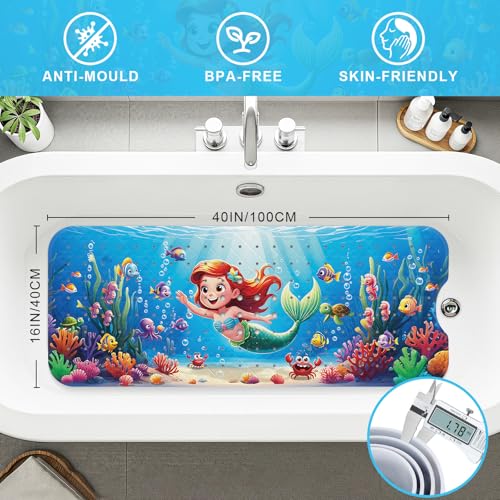 Upgrade Cartoon Baby Bath Mat Non Slip - 40"x16" Extra Long Bathtub Mat for Baby Eco Friendly Durable Bath Mat for Tub Non Slip Kids Tub Mat with Suction Cups, Machine Washable and No Fading, Mermaid - color: B-mermaid