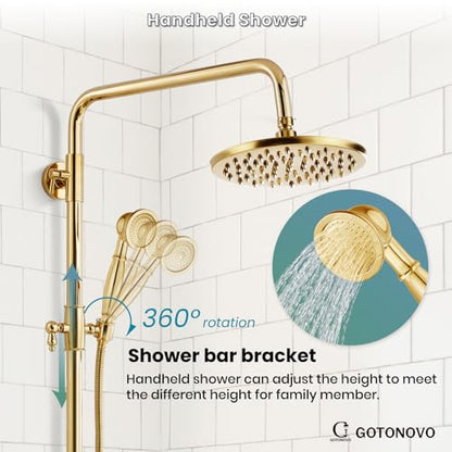 gotonovo Exposed Shower Tub Faucet Set 3 Function Wall Mount,Polish Gold | Shower System Fixtures with Tub Spout,8” Rain Head and Handheld,360°Rotation,Adjustable Height,for 5-6.7" Hole,Outdoor/Indoor - color: Bright Gold