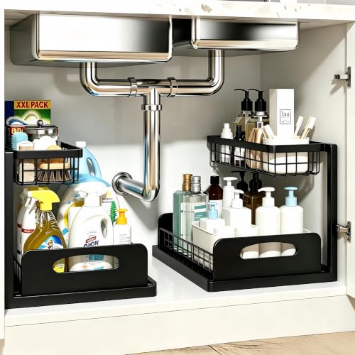 2 Pack Upgraded Under Sink Organizer, 2 Tier Pull out Kitchen Cabinet Organizer Metal Slide out Bathroom Organizers and Storage Makeup Drawer Organizer for Office Bedroom Restroom Living Room, L-Black - color: L-Black