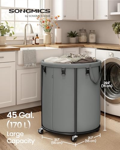 SONGMICS Laundry Basket with Wheels, Rolling Laundry Hamper with Steel Frame, Removable Liner Bag, 45 Gallon (170 L), Slate Gray URLS030GN01 - color: Slate Gray, size: 170L-Rolling Round