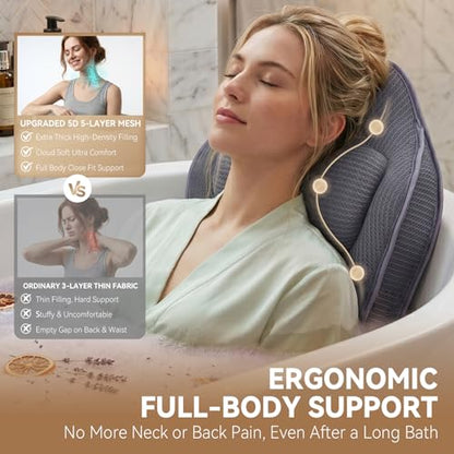Poemland Bath Pillow for Tub, Extra Thick Full Body Bath Pillow | Head & Neck Support, 5D Mesh Breathable Spa Cushion, 144 Non-Slip Suction Cups, Quick Dry for Home Spa Relaxation, Grey