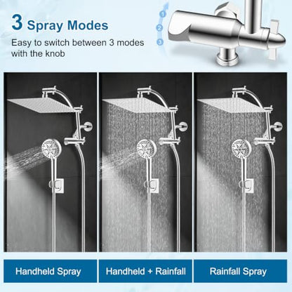 Hibbent All Metal 12" High Pressure Rain Shower Head Combo, Chrome | cUPC Certified Rainfall Shower Head with handheld 10 Sprays, 16'' Adjustable Extension Arm, 71'' Hose, Showerhead Holder - color: Chrome, style: Square 12''