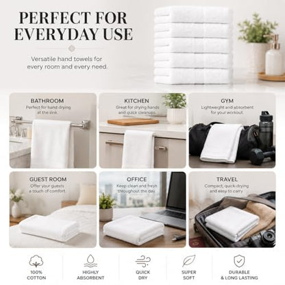White Hand Towel Pack of 6, 28x16 Inches | Premium 650GSM 100% Ringspun Cotton | Ultra Soft, Thick, Quick-Dry & Highly Absorbent White Hand Towels for Bathroom, Kitchen & Home